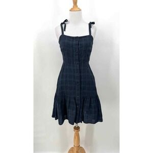 CREATURES OF COMFORT Linen Button Front Dress Womens 0 Blue Plaid Tie Shoulder
